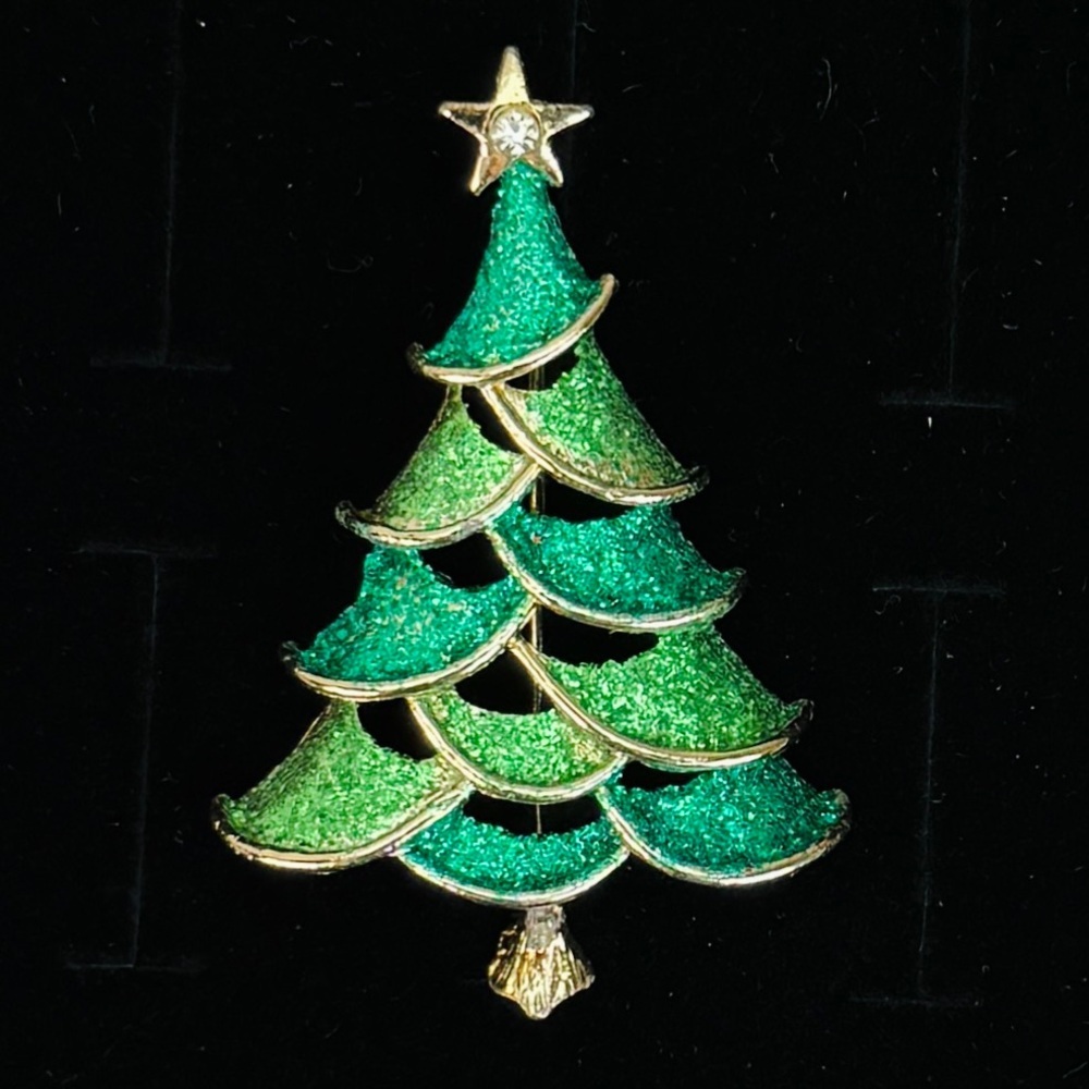 Vintage Glitter Green Christmas Tree Brooch Pin